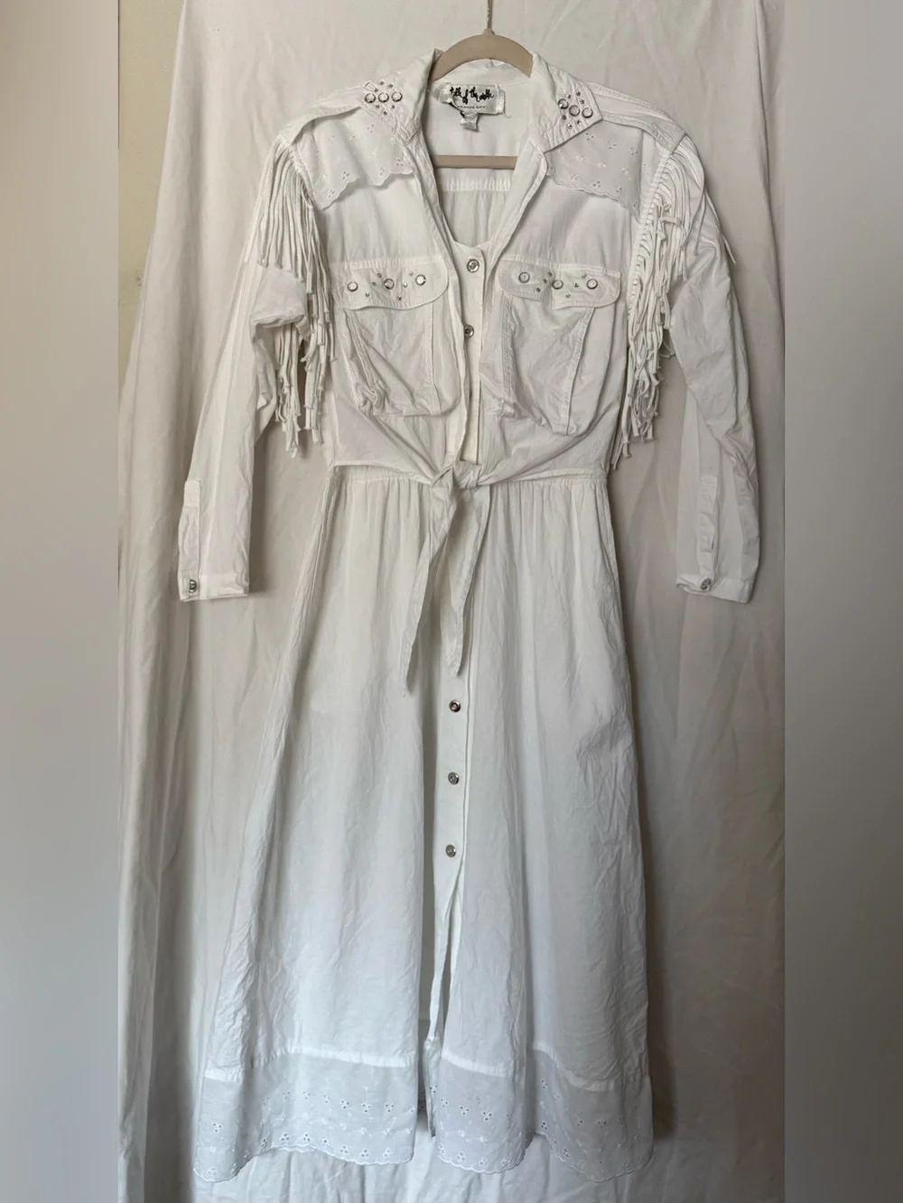 Vintage 90s Talk of the Walk White Long-Sleeve Fringe Button Western Dress